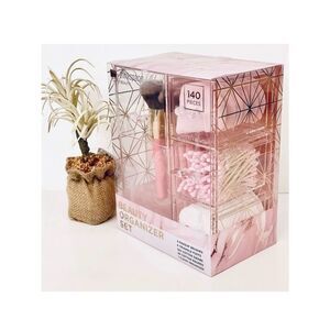 NWT Thinkspace Beauty 140 Pieces Clear Pink Organizer Set 4 Brushes, Cotton etc